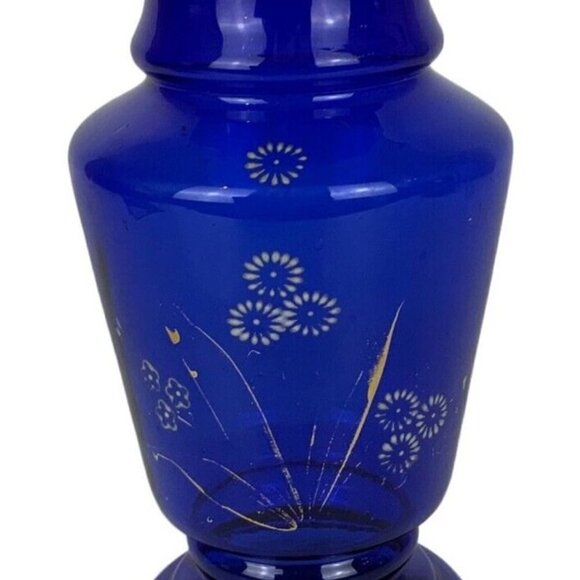 Cobalt Blue Art Glass Vase Hand Painted Flowers Ruffled Edge Vintage - Picture 2 of 7